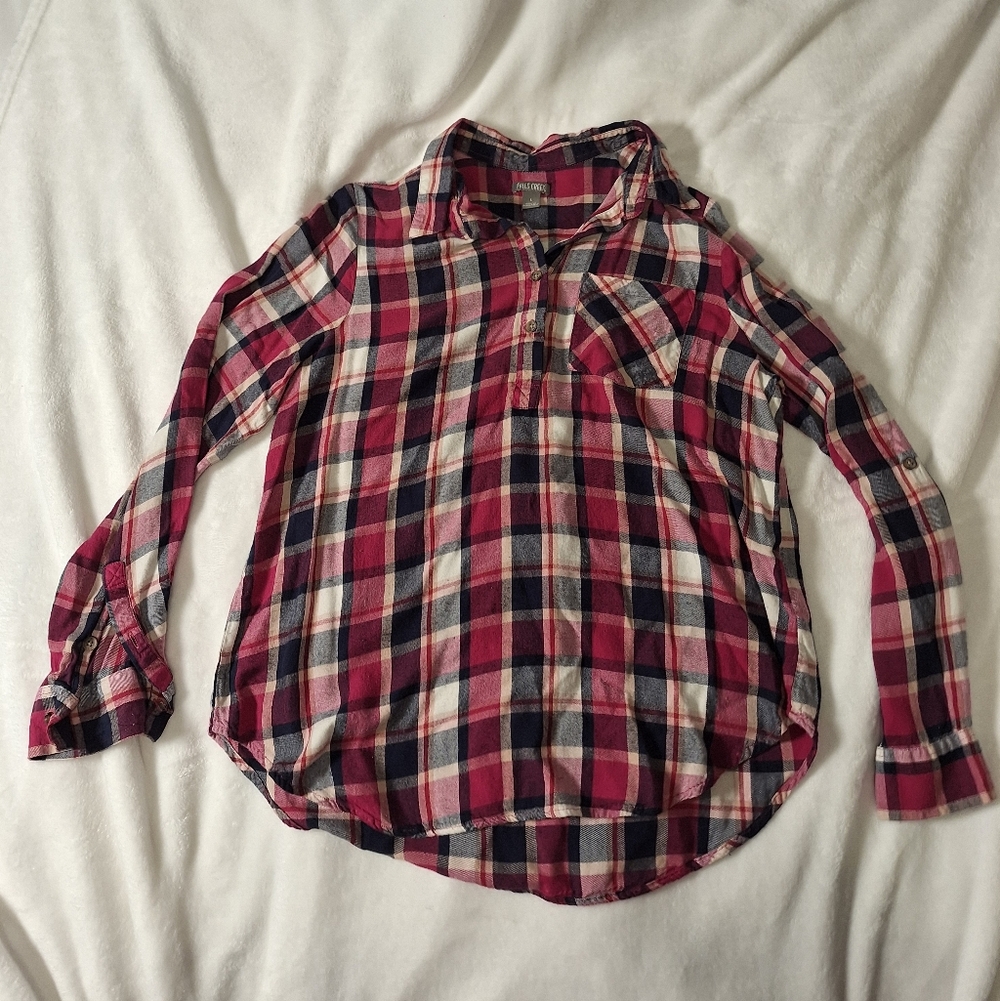 Falls Creek Plaid Button Down Shirt Women’s Large Pink Blue Lightweight Flannel